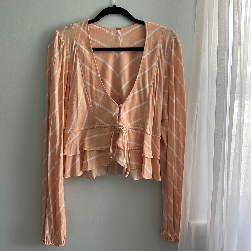 Free People Ruffle and Flowy Peasant Sleeve Striped Cropped Blouse in Sorbet